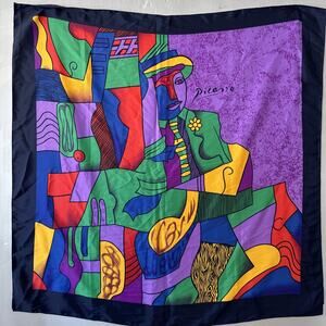 Picasso Silk Scarf “Femme a la Fleur” 34" Square Hand Rolled Hem Vintage